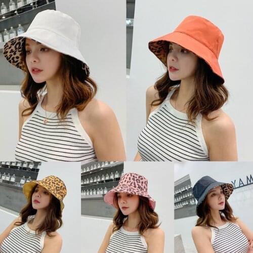 Women Summer Leopard Print Bucket Hat Reversible Wide Brim Panama Fisherman Cap A2UA