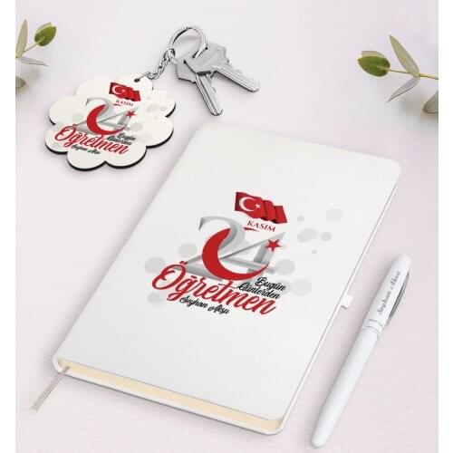 Personalized Day Today Teacher White Notebook Pen And Keychain Gift Seti-2