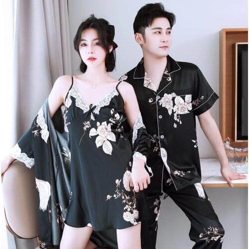 Couple Kimono Pajamas for Men Imitation Silk Men Short Sleeve Tops robe pants pajama set Sleepwear for Men and Women Robes Sets