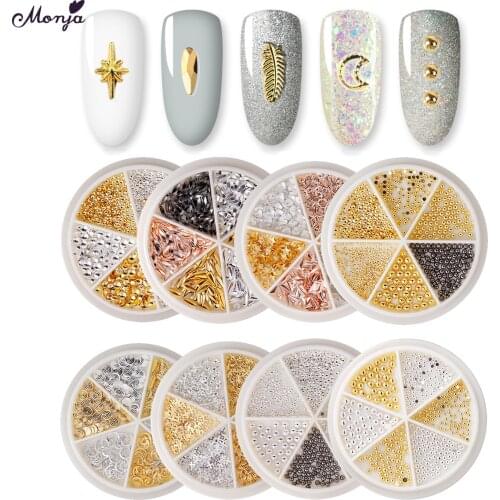 Monja 6 Grids/Box AB Flatback Rhinestones Nail Art Decoration Wheel Metal Flower Leaf Moon Mixed Shape DIY Manicure Accessories