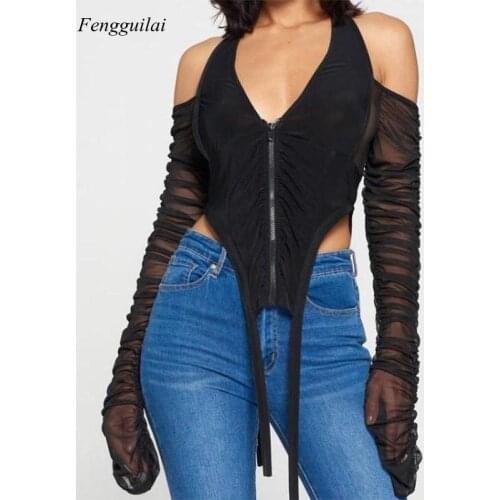 Ruched Patchwork Women Crop Top Mesh Halter See Through Long Sleeve Off Shoulder Zipper Bodycon Sexy Club Streetwear