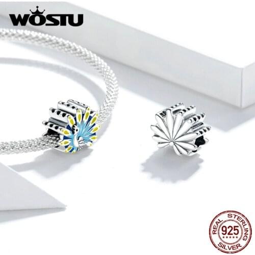 WOSTU Blue Peacock Metal Beads for Women Jewelry Making 925 Sterling Silver Charm Original Bracelet 2020 Accessories BKC1644