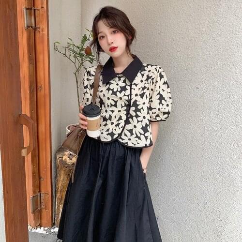 Temperament Floral Puff-sleeved Short-sleeved Shirt Female Design Sense Niche Summer 2021 New Korean Loose Top
