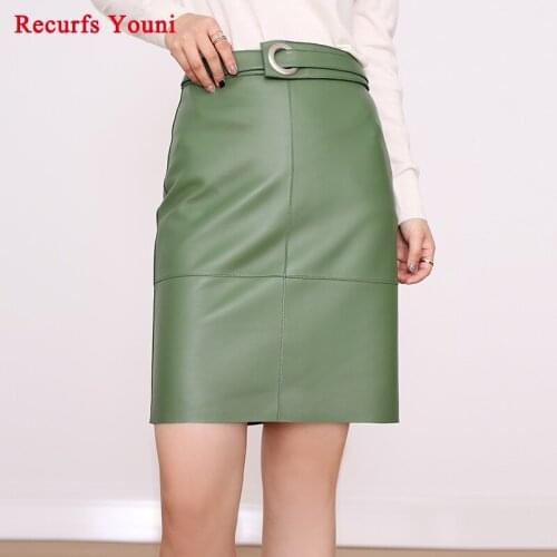 NEW Women Stylish Roupas Genuine Leather Buckle DECO Midi Skirt Femme Khaki/Green/Black Pencil Saia OL Working Wrap Gonne