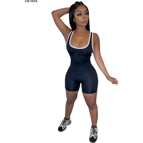 CM.YAYA women fashion streetwear stiped side splicing playsuit sleeveless tank bodycon skinny short romper jumpsuit bodysuit