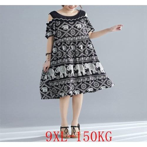New large size dress 6XL-9XL bust 148CM fashion womens round neck loose shoulder off shoulder wavy edge slit hem dress