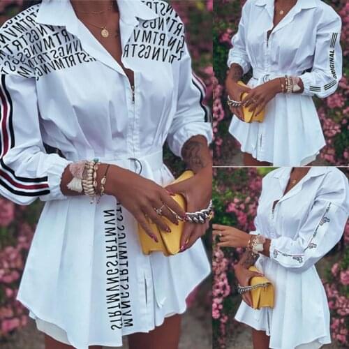 Autumn Spring Winter Women Lantern Sleeve Pleated Zipper Dress Blouse Laple Print Clothes