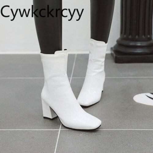 Winter The New fashion Square head Back zipper Thick heel Womens boots white Sexy Plus velvet Keep warm High heel Women boots