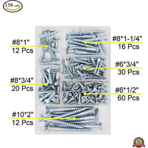 150pcs Phillips Flat Head Wood Screws Kit Stainless Steel Phillips Flat Head Self Tapping Screw Assortment Kit