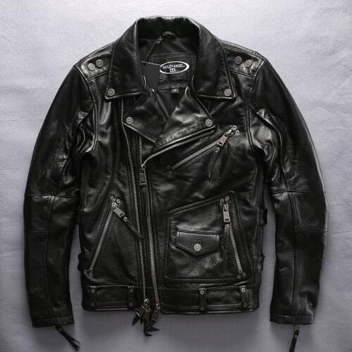 2020 European Size Genuine Leather Mens High Quality Super Thick Cowhide Motorcycle Rider Bomber Jacket Black Warm Coat
