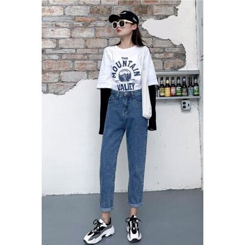 Spot plus velvet jeans womens straight loose high waist slimming washed harem pants old pants