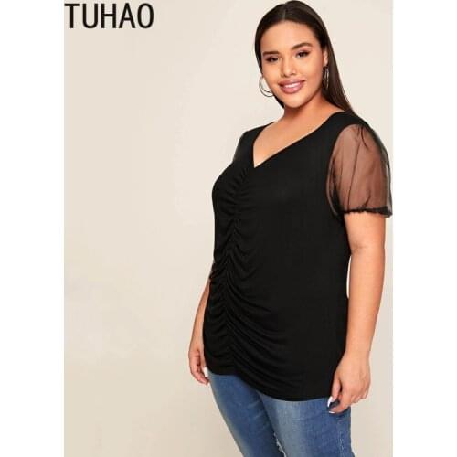 TUHAO Summer Womens Tops Blouses Plus Size 8XL 7XL 6XL 5XL Gorgeous Mesh Puff Sleeve Elegant Black Shirt Top Blouse WM35