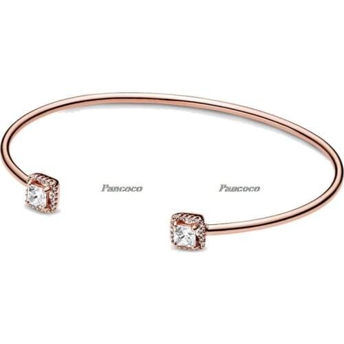 925 Sterling Silver Bracelet Rose Square Sparkle With Crystal Open Bangle Bracelet Fit Women Bead Charm Pandora Jewelry