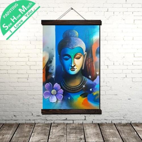 Lord Buddha Blue Head Linden Scroll Painting Canvas Vintage Poster and Prints Wall Art Pictures Bedroom Farmhouse Decoration