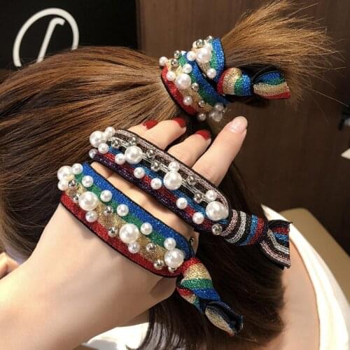 CX18 2PCS New Pearl rainbow hair rope Ladies girl headdress girls hair accessories Leopard Pearl rivets print Wild hair ring