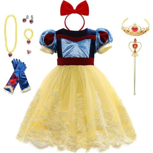 Girls Princess Snow White Dress Puff Sleeve Deluxe Prom Party Gown Girls Halloween Party Cosplay Costume Children Formal Dress