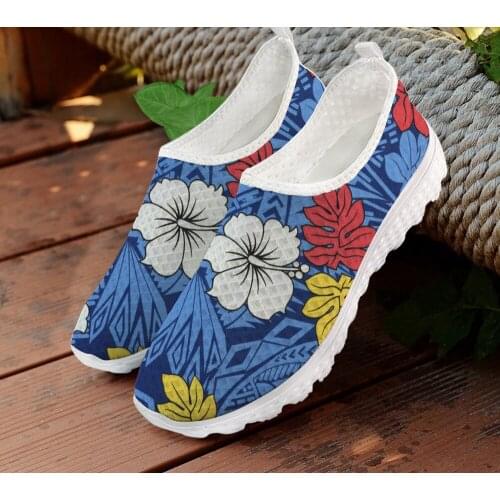 ELVISWORDS African Floral Polynesian Hibiscus Flower Women Flats Shoes Woman Casual Snakers Summer Female Air Mesh Light Loafers