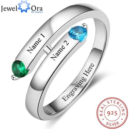 Personalized Gift Custom Engrave 2 Names & Birthstone Promise Ring 925 Sterling Silver Anniversary Jewelry (JewelOra RI103272)