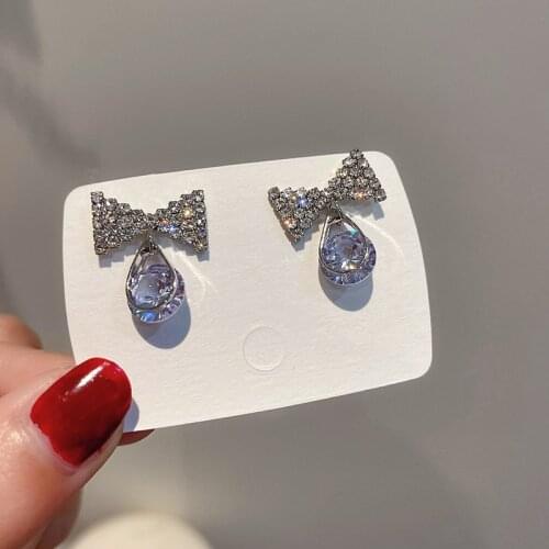 Korean Earings Fashion Jewelry Wild Bow Crystal Water Droplets Statement Earrings For Women Brinco Stud Earrings Wholesale