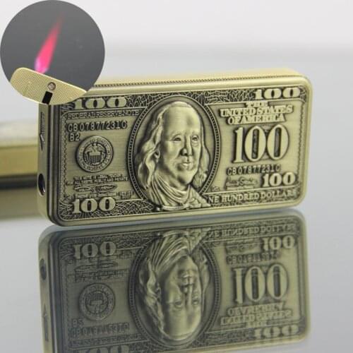 Creative 100 Dollar Torch Lighter Ultra Thin Metal Jet Straight Flame Butane Compact Refillable Gas Windproof Lighter Mens Gift