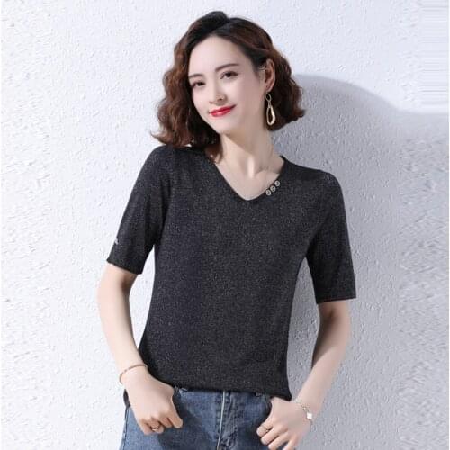 Summer Bright Silk V-Neck Button T-Shirt For Women Solid Short Sleeve Knitwear Tops Korean Soft Loose Knitted Pullovers S-2XL