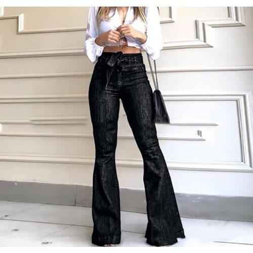 Autumn high waist flares womens jeans trousers lace up female full length boot cut pants denim elegant