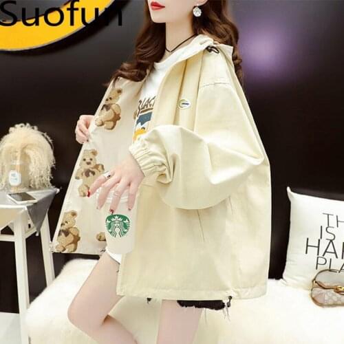 Suofun Casual 2021 New Fashion Print Korean Hooded Double-sided Student Coat Girls' Spring And Autumn Loose Zipper Windbreakers