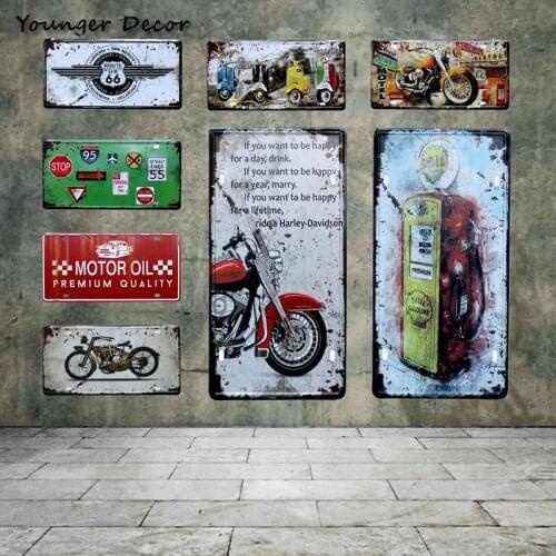 Retro Motor Oil Motorcycle Car License Plate Route US 66 Motel Vintage Tin Signs Gasoline Wall Art Metal Poster YA002
