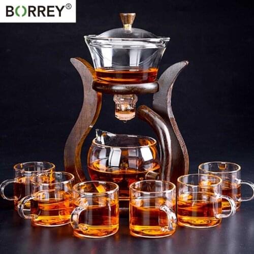 BORREY Glass Semi Automatic Tea Set Turkish Drip Pot Tea Ceremony Gaiwan Tea Teapot And Teacup With Wooded Stand Kung Fu Tea Set