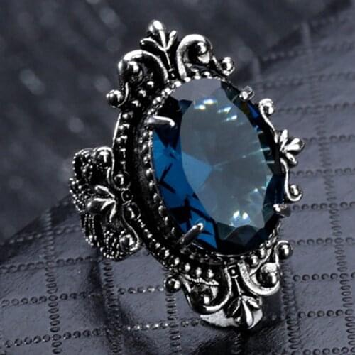 1 Pc Vintage Blue Zircon Jewelry Rings Retro Punk Style Fine Goose Egg Jewelry Flower Carving Blue Big Oval Cut Peridot