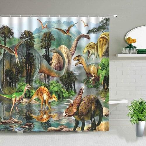 Jurassic Dinosaur Pattern Cartoon Fantasy Forest Shower Curtain Windproof Bathroom Decoration Home Decoration