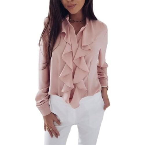 Ruffles Ladies Blouses Shirt Pink White Black Elegant Office Blouse Long Sleeve Plus Size Women Clothing Feminine Blouse Autumn