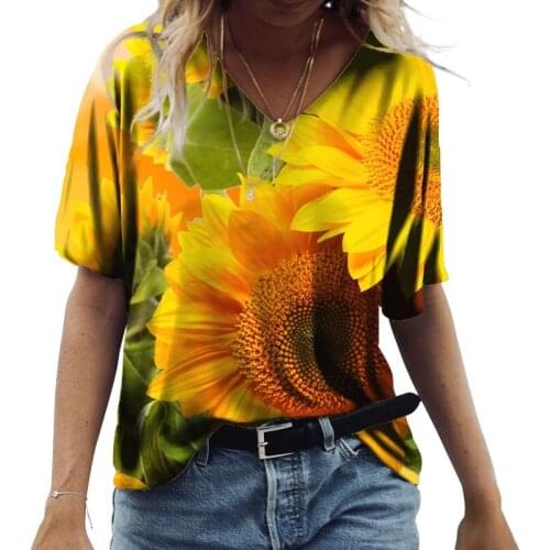 Fashion Floral Print Women T-Shirts Summer 5XL Top Beach Casual Loose Tee Short Sleeve Vintage Tops Big Size Lady V-Neck T-Shirt