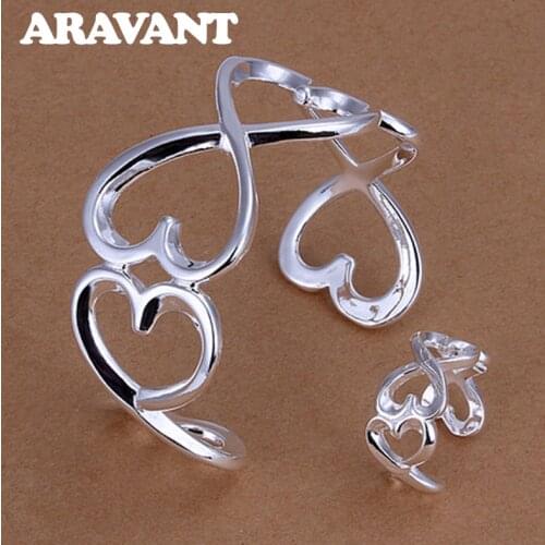 Silver 925 Jewelry Sets Love Heart Ring Open Cuff Bracelet For Women Fashion Wedding Silver Jewelry Gifts