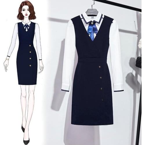 2021 OL Professional Waistcoat Dress Women Hotel Front Desk Reception Uniform Shirt Two Piece Work Clothes Suit Formal Genuine
