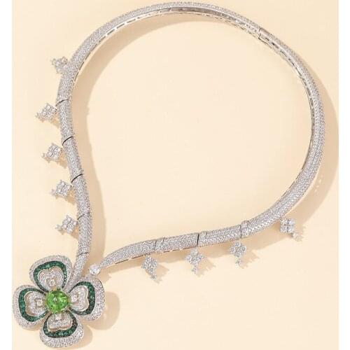 Top Fashion Womens cubic zircon Crystal Green Stone Flower Choker Necklace Wedding party Jewellery For women 2021 trend