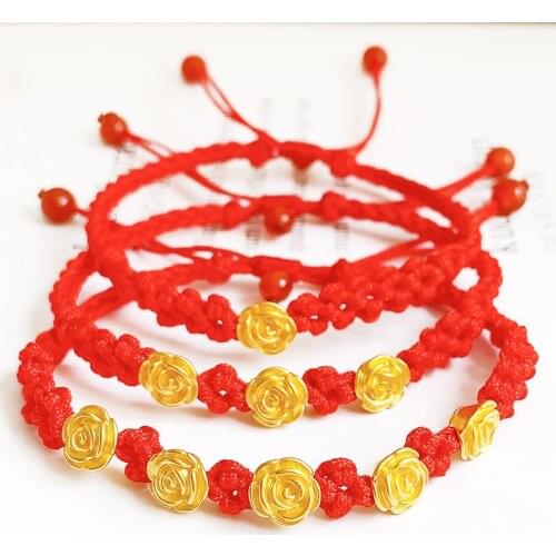 1PCS Real 24K Yellow Gold 3D Small Rose Bracelet Good Luck Charms Peach Blossom Style Weaving For Women Baby Bracelet 2021 Gift