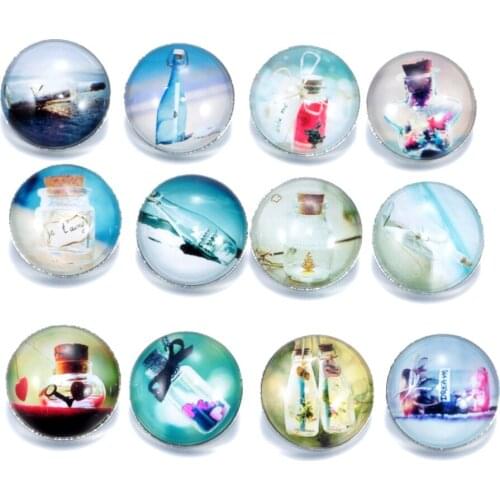 12pcs/lot Drifting Bottle Pattern Charms 18mm Glass Snap Button For DIY Charms Bracelet 18mm Snaps Jewelry KZ0132