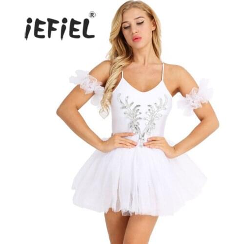 Women Adult Swan Lake Ballet Costume Dress Spaghetti Strap Sleeveless Sequined Beads Flower Bailarina Gymnastics Leotard Dresses