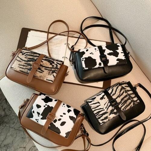 Women Flap Crossbody Bag PU Autumn Animal Printed Vintage Splicing Shoulder Bags Daily Party Handbags Black/Brown