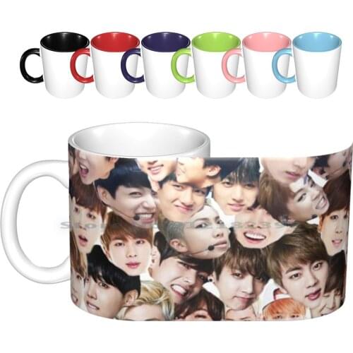 /-Faces Ceramic Mugs Coffee Cups Milk Tea Mug Collage Pink White Kpop Korean Pop Tumblr Bulletproof Boy Scouts Jin Suga Rap