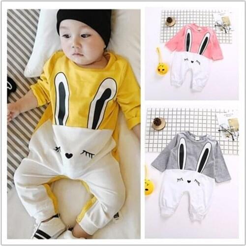 2019 Autumn Newborn Baby Girls Clothes Little Bunny Print Patchwork Style Baby Girls Jumpsuits Baby Rompers Climbing Suit