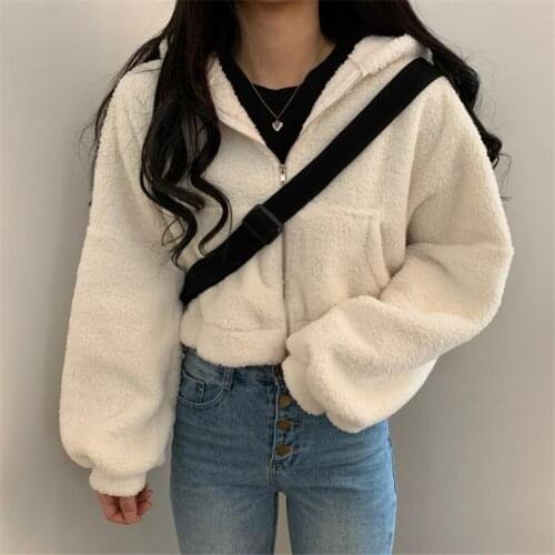 Alien Kitty 2021New Autumn Women Jacket Hooded Wool Coats Loose Solid Color Zipper Long Sleeve Clothing Causal Hight Wait