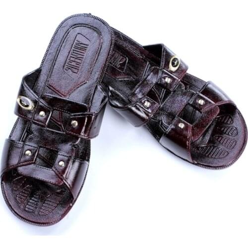 2021 Summer Flats Plus Size Mens Slippers Cool Leather Slippers Massage Non-slip Hard-Wearing Breathable Light Slippers Men