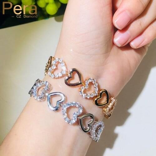 Pera Fashion Women 585 Gold Love Heart Shape Bracelet Chain Jewelry for Best Friend Girlfriend Gift with Zirconia Setting B161