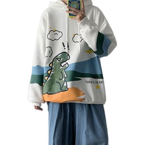 Men Winter Cartoon Dinosaur Print Pullover Long Sleeve Sweatshirt Loose Hoodie