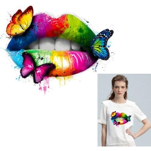 Iron-On Transfers Colorful Sexy Lip Heat Transfer PVC Patch For Clothes Thermal Transfer Hot Vinyl Iron Stickers Apparel Decor