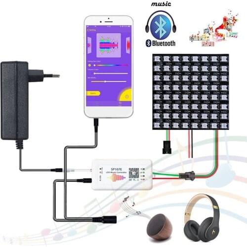 WS2812B Individually Addressable 8x8 16X16 8X32 WS2812 LED Screen Panel With SP107E Bluetooth Music Controller DC5V Transformer