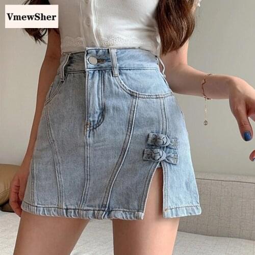 VmewSher New Spring Summer Women Pant Skirt Split Hem Denim Culottes Lady Elegant Buckle Jean Skirt Casual Sexy Party Streetwear