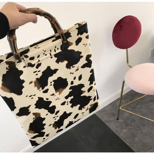 Fashion Large Handbag Retro Ghost Horse Cow Pattern Natural Bamboo Handbag Large Capacity PU Female Bag Handbags Women